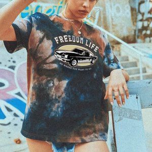 SHEIN Car Print Tie Dye Drop Shoulder Tee - SIZE M